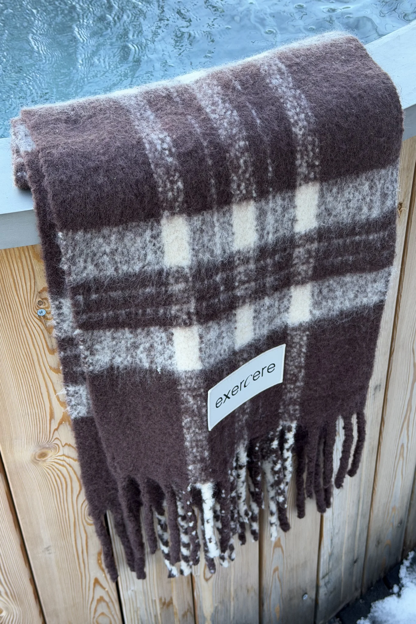 Limited Check Fringe Scarf - Pecan Brown & Off-White - Image 3