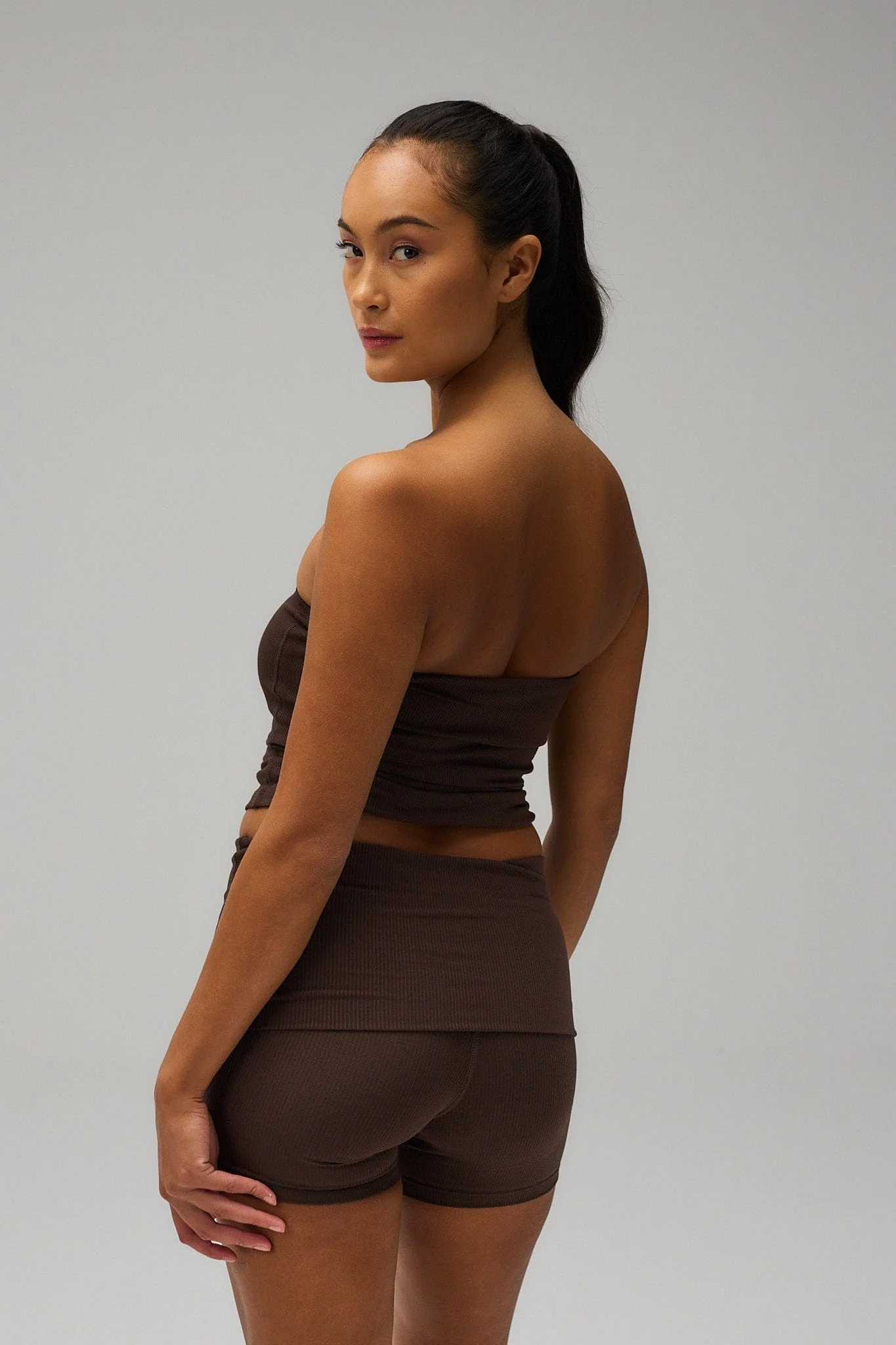 Rib Fold Over Shorts - Pecan Brown - Image 3